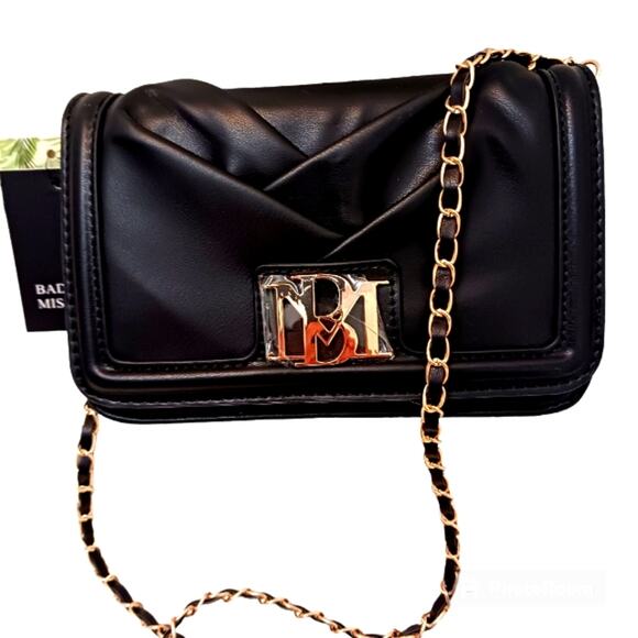 Badgley Mischka Modern Crossbody Wallet Purse Black Creased Front Weaved Chain - Picture 1 of 10